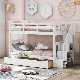 Stairway Twin-Over-Twin Bunk Bed with Three Drawers for Bedroom, Dorm - White