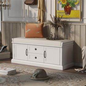 Storage Bench with 2 Drawers and 2 Cabinets, Shoe Bench with Removable Cushion for Living Room, Entryway (White)