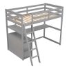 Twin Size Loft Bed with Desk and Shelves, Two Built-in Drawers, Gray