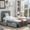 Linen Upholstered Platform Bed With Headboard and Two Drawers, Twin