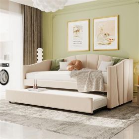 Upholstered Daybed Sofa Bed Twin Size With Trundle Bed and Wood Slat ,Beige (Color: as picture)